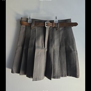 Gray Pleated Skirt with Brown Belt